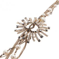 Pre Owned عقد طويل شانيل متعدد كريستال أسود لؤلؤي وأبيض