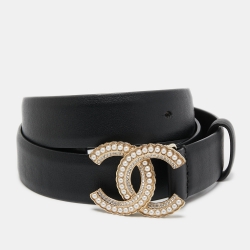 Pre Owned Chanel Black Leather Faux Pearl Embellished CC Buckle Belt 70 CM