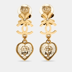Chanel Clover Heart Crystal Gold Tone Clip-on Drop Earrings