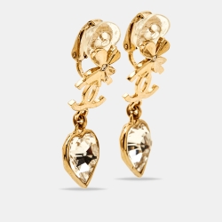 Chanel Clover Heart Crystal Gold Tone Clip-on Drop Earrings