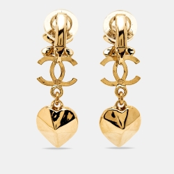 Chanel Clover Heart Crystal Gold Tone Clip-on Drop Earrings