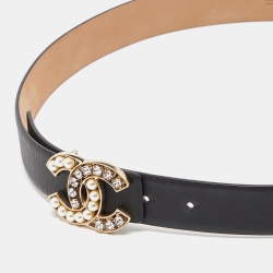 Pre Owned Chanel Black Leather Faux Pearl and Crystal CC Buckle Belt 85 CM