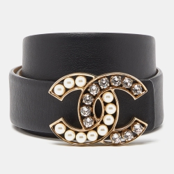 Pre Owned Chanel Black Leather Faux Pearl and Crystal CC Buckle Belt 85 CM