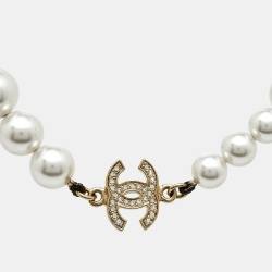 Chanel CC Crystals Faux Pearl Gold Long Necklace