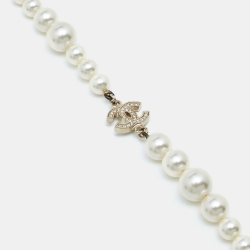 Chanel CC Crystals Faux Pearl Gold Long Necklace