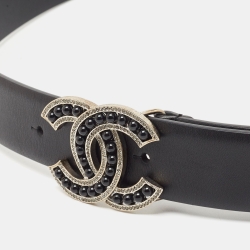 Pre Owned Chanel Black Leather Crystal and Beads CC Buckle Belt 100CM
