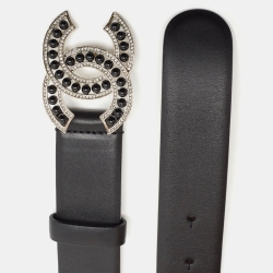 Pre Owned Chanel Black Leather Crystal and Beads CC Buckle Belt 100CM