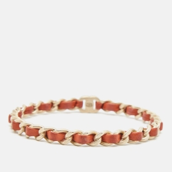 Chanel CC Orange Leather Woven Chain Bangle Bracelet 21 CM
