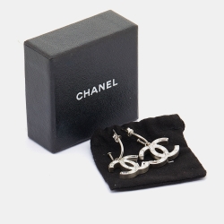 Chanel Silver Tone Baguette Crystal CC Dangle Earrings