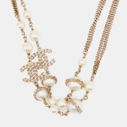 Chanel Gold Tone Faux Pearl & Chain CC Layered Necklace