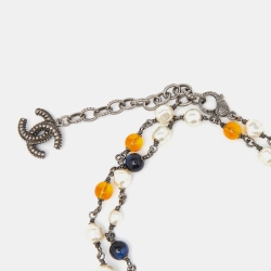 Pre Owned Chanel Silver Tone Faux Peart & Beaded CC Gripoix Long Necklace