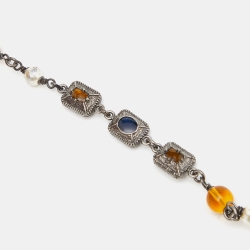 Pre Owned Chanel Silver Tone Faux Peart & Beaded CC Gripoix Long Necklace