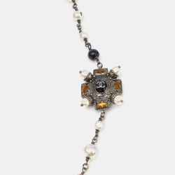 Pre Owned Chanel Silver Tone Faux Peart & Beaded CC Gripoix Long Necklace