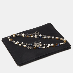 Pre Owned Chanel Silver Tone Faux Peart & Beaded CC Gripoix Long Necklace