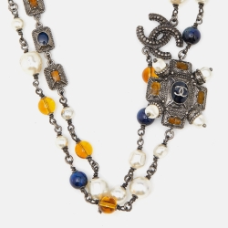 Pre Owned Chanel Silver Tone Faux Peart & Beaded CC Gripoix Long Necklace