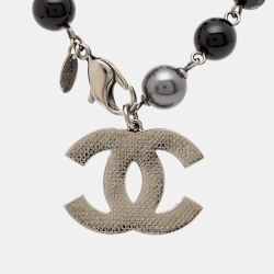 Chanel CC Faux Pearl Beads Gunmetal Tone Bracelet