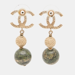 Pre Owned Chanel CC Marble Gold Tone Earrings