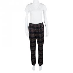 Pre Owned Chanel Black Tartan Plaid Elasticized Waist Braid Applique Detail Pants M