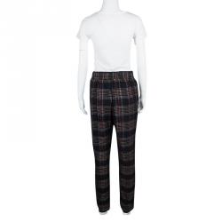 Pre Owned Chanel Black Tartan Plaid Elasticized Waist Braid Applique Detail Pants M