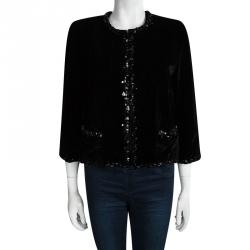Pre Owned Chanel Black Velvet Trim Embellished Boucle Jacket XXL