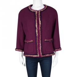 Pre Owned Chanel Purple Textured Wool Contrast Trim Detail Jacket XXL