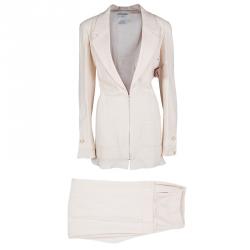 Pre Owned Chanel Blush Pink Textured Camellia Brooch Detail Blazer and Wide Leg Pants Suit XL