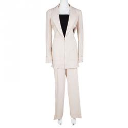 Pre Owned Chanel Blush Pink Textured Camellia Brooch Detail Blazer and Wide Leg Pants Suit XL