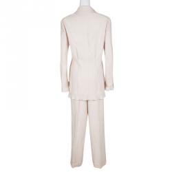 Pre Owned Chanel Blush Pink Textured Camellia Brooch Detail Blazer and Wide Leg Pants Suit XL