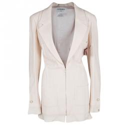 Pre Owned Chanel Blush Pink Textured Camellia Brooch Detail Blazer and Wide Leg Pants Suit XL