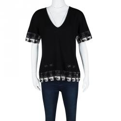 Pre Owned Chanel Black Cashmere Textured Trim V-Neck Short Sleeve Sweater XL