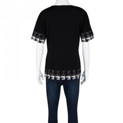 Pre Owned Chanel Black Cashmere Textured Trim V-Neck Short Sleeve Sweater XL