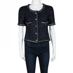 Pre Owned Chanel Navy Blue Textured Short Sleeve Jacket S