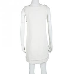 Pre Owned Chanel Ivory Velvet Fringed Trim Detail Sleeveless Dress S