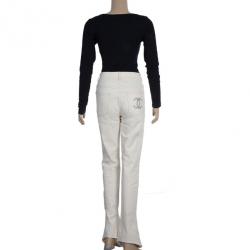 Pre Owned Chanel White Trousers With Embroidered Back Pocket Detail S