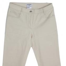 Pre Owned Chanel White Trousers With Embroidered Back Pocket Detail S