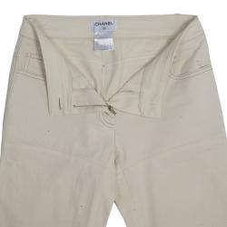 Pre Owned Chanel White Trousers With Embroidered Back Pocket Detail S