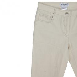 Pre Owned Chanel White Trousers With Embroidered Back Pocket Detail S