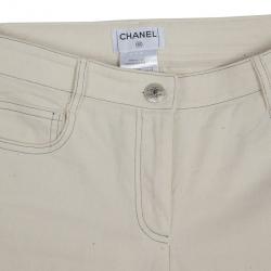 Pre Owned Chanel White Trousers With Embroidered Back Pocket Detail S