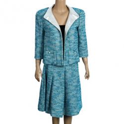 Pre Owned Chanel Blue Tweed Skirt Suit L