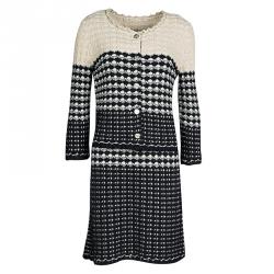 Pre Owned Chanel Navy Blue and Beige Knit Dress and Cardigan Set M