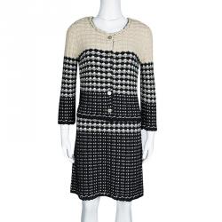 Pre Owned Chanel Navy Blue and Beige Knit Dress and Cardigan Set M