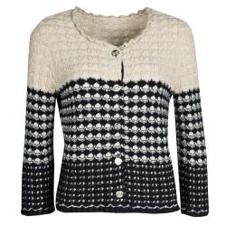 Pre Owned Chanel Navy Blue and Beige Knit Dress and Cardigan Set M