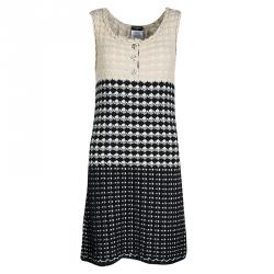 Pre Owned Chanel Navy Blue and Beige Knit Dress and Cardigan Set M