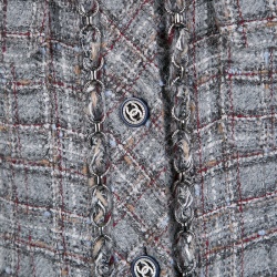 مملوكة مسبقًا Chanel Grey Checkered Tweed Chain Embellished Buttoned Dress Coat XL