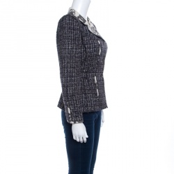 Pre Owned Chanel Vintage Navy Blue and Brown Textured Tie Detail Contrast Trim Buttoned Jacket M