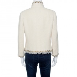 Chanel Cream Textured Wool Lurex Trim Detail Frayed Hem Jacket L