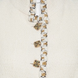 Chanel Cream Textured Wool Lurex Trim Detail Frayed Hem Jacket L