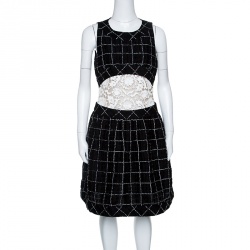 Chanel Monochrome Textured Checked Pattern Lace Insert Sleeveless Dress M