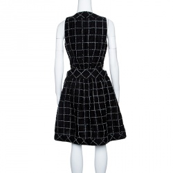 Chanel Monochrome Textured Checked Pattern Lace Insert Sleeveless Dress M