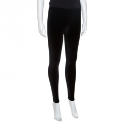 Pre Owned Chanel Black Elasticized Waist Logo Embellished Velvet Pants S